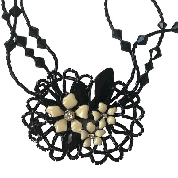 GIVENCHY Black Glass Old Hollywood Ivory Enamel Flower Crystal Center Necklace